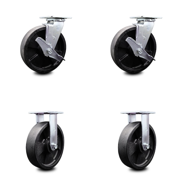 8 Inch Glass Filled Nylon Caster Set with Ball Bearings 2 Brakes 2 Rigid SCC